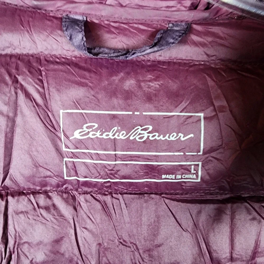 Eddie Bauer Jacket Womens L EB650 Down Purple Hooded Puffer EUC